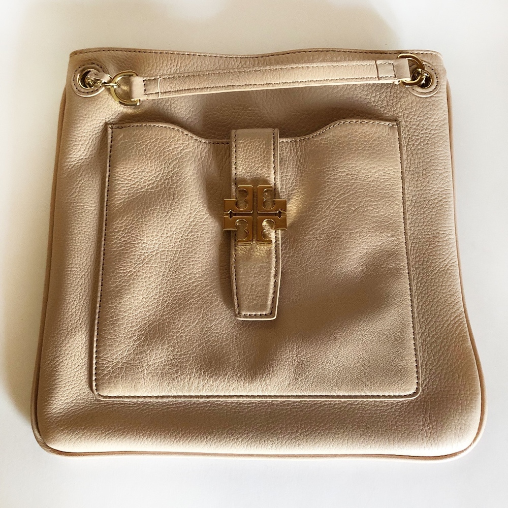 Tory Burch Britten Leather Crossbody Bag Beige Gold Hardware